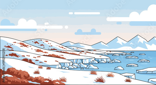 Flat Vector Arctic Landscape with Snow Hills Ice Floes and Mountains in Winter Scenery
