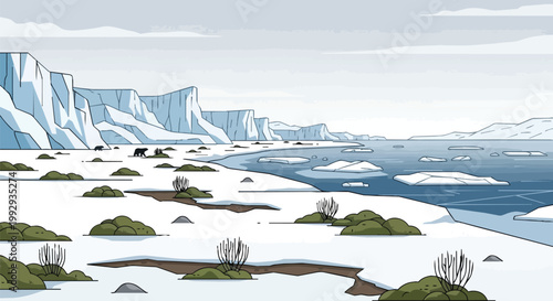 Arctic Landscape Illustration featuring Glaciers Icebergs and Polar Bears in a Frozen Tundra Environment