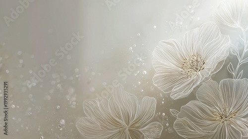Ethereal white floral background with soft bokeh, elegant silk flower petals on neutral cream texture, dreamy wedding invitation backdrop