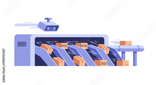 Automated sorting system with conveyor belt, robotic arm, and scanner for package delivery