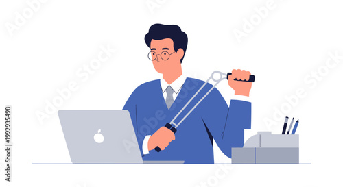 Businessman exercising hand grip strengthener at office desk with laptop