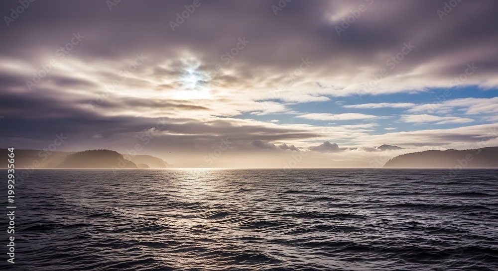 Obraz premium Dramatic seascape at sunset with moody sky and horizon scenic landscape