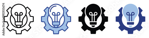 Lightbulb and gear icon set representing idea generation, innovation, and technological solutions for various business applications