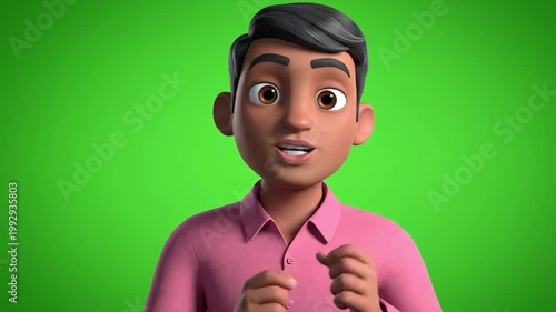 A simple and clean 3D animated male avatar in a pink shirt, presented on a green screen background. Great for presentations, explainer videos, or corporate animations.