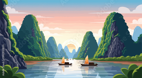 Tropical Bay Sunset with Traditional Wooden Boats and Limestone Karst Mountains Vector Illustration