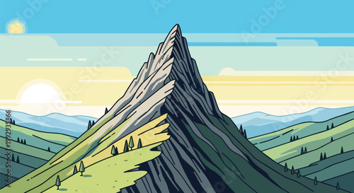 Minimalist Flat Vector Illustration of a Sharp Mountain Peak at Sunset with Rolling Hills and Evergreen Trees