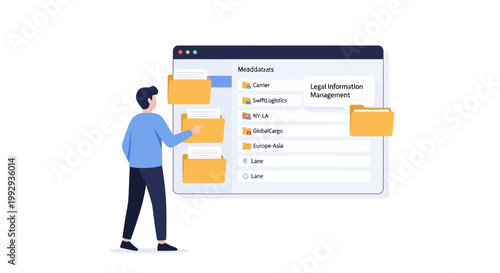 Man Organizing Digital Files and Folders on Computer Screen, Document Management Concept