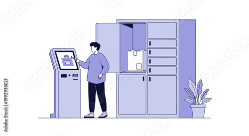 Man using automated parcel locker for package delivery and pickup