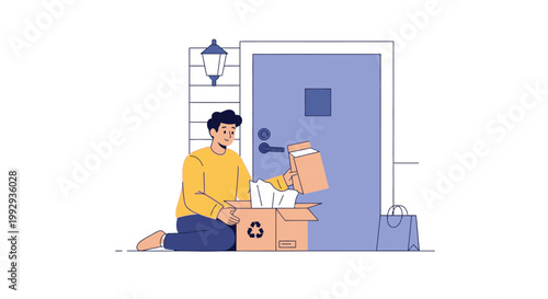Man unpacking delivery box at front door, receiving package, online shopping concept