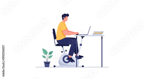 Man working on laptop while cycling on stationary bike at desk, healthy lifestyle concept