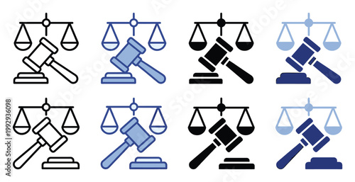 Essential legal justice and court symbol set featuring gavels and balance scales for judicial applications