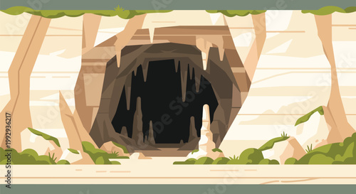 Flat Vector Illustration of a Stone Cave Entrance with Stalactites and Stalagmites in a Rocky Mountain Landscape