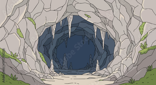 Cartoon Illustration of a Stone Cave Entrance with Stalactites and Stalagmites Background