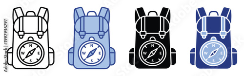 Backpack icon with an integrated compass for navigation and outdoor adventure, suitable for travel applications.