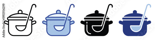 Stew pot and soup ladle kitchenware icons essential for food service, home cooking, and restaurant branding materials