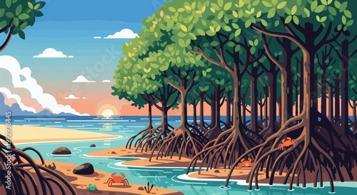 Tropical Mangrove Forest with Tangled Roots on Coastal Beach at Sunset Illustration