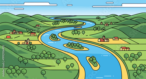 Flat Line Art Landscape Vector with Winding Blue River Through Green Hills and Rural Countryside Settlements