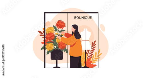 Woman Decorating Boutique Window Display with Autumn Flowers and Mannequin