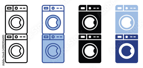 Stacked laundry appliances, modern washer and dryer unit for household utility concepts and service applications