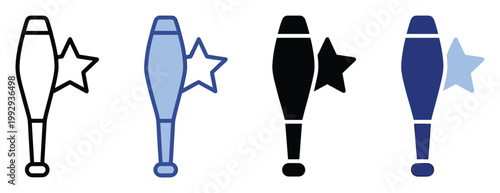 Juggling club and star icon set representing top performance or favorite sport equipment for digital applications