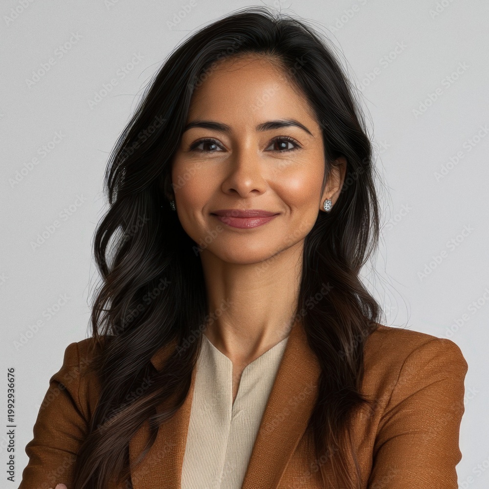Obraz premium Professional Woman Smiling Confidently in Business Attire, Medium Shot Portrait