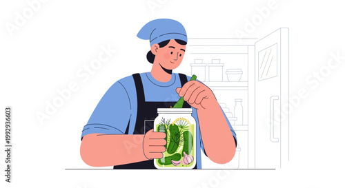 Woman Preserving Cucumbers in Jar, Homemade Pickles with Garlic and Dill