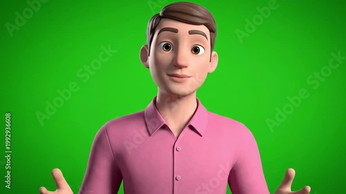 A simple and clean 3D animated male avatar in a pink shirt, presented on a green screen background. Great for presentations, explainer videos, or corporate animations.