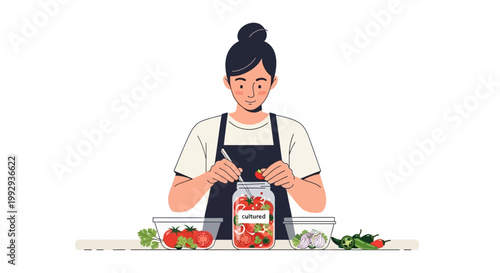 Woman preserving fresh tomatoes in a jar, healthy homemade food preparation