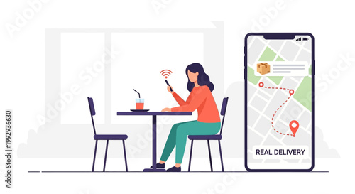 Woman tracking food delivery on smartphone app with map navigation on screen