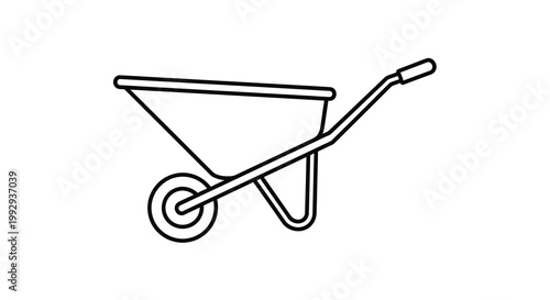 A simple black and white line drawing depicts a wheelbarrow a gardening tool used for hauling materials