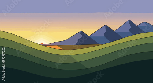 Minimalist flat vector illustration of rolling green hills and mountain peaks under a colorful sunrise sky