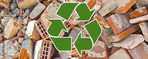 Recovery and recycling of concrete and brick rubble debris on construction site after a demolition of a brick building