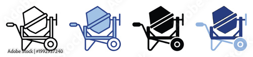 Essential concrete mixer icons in diverse graphic styles for construction engineering projects and industrial equipment