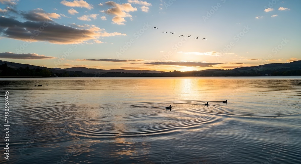 Obraz premium A serene sunset over a calm lake with a flock of birds flying in the distance and ducks swimming in the foreground, creating gentle ripples