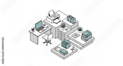 Isometric modular workplace vector laptop printer books online education and business technology illustration