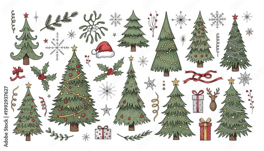Obraz premium Hand drawn holiday Christmas tree and winter decoration collection for festive seasonal designs
