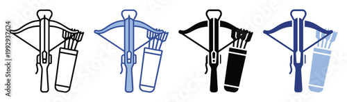 Crossbow weapon icon set with quiver and arrows for ancient warfare game or archery sport design