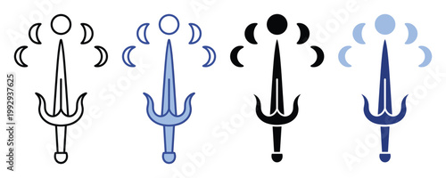 Mystical lunar sword and moon phases symbol set in multiple styles for witchcraft, astrology, or game asset creation