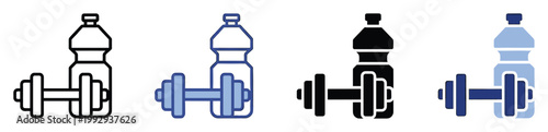 Fitness and hydration icons featuring a water bottle with a dumbbell for gym, exercise, and healthy lifestyle promotions