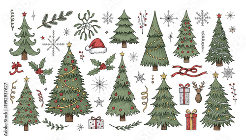 Hand drawn holiday Christmas tree and winter decoration collection for festive seasonal designs