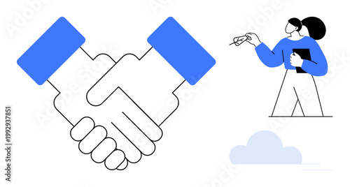 Business agreements, cooperation, teamwork, professional connections, partnership, communication. Handshake and person discussing ideas. Business agreements and cooperation
