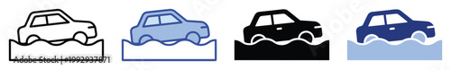 Car driving through flood water warning icon set for weather alerts, traffic information, or automotive safety applications