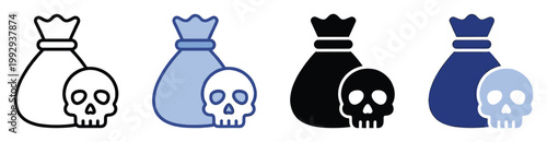 Financial risk icon featuring a money bag alongside a skull for warning signs and digital graphics applications.