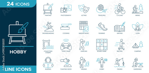Hobby icon set. Painting, photography, traveling, music, gaming, yoga, camping, reading, fishing, gardening. Line vector icons.