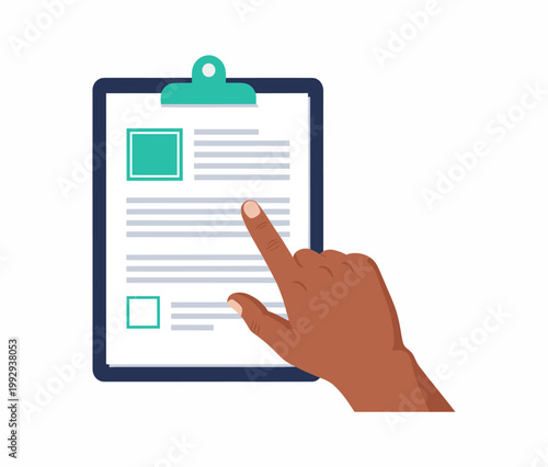 Hand interacting with clipboard checklist.