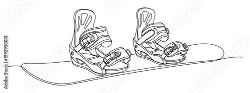 Minimalist line art snowboard with bindings for winter sports graphics and equipment related design projects