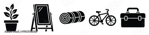 Plant mirror sleeping bag bicycle toolbox black silhouette icons for commercial graphic projects