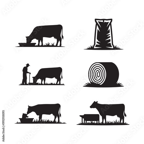 Black silhouettes depict various farm scenes with cattle and hay