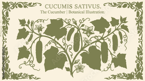 Vintage Botanical Cucumber Plant Illustration Cucumis Sativus