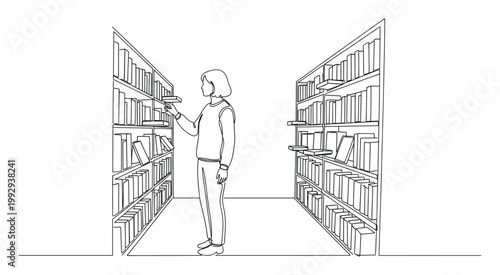 Continuous line drawing of an individual selecting a book from a library shelf, ideal for literary or educational content.